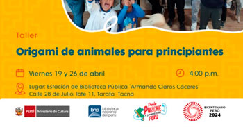 Taller presencial gratis "Origami de animales para principiantes" de la Biblioteca Nacional del Perú - BNP