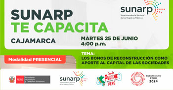 Charla presencial gratis "Los bonos de reconstrucción como aporte al capital de las sociedades" de la SUNARP