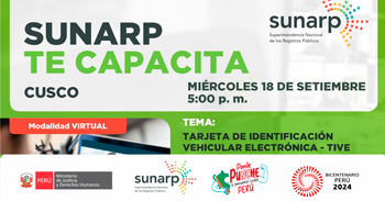  Charla online gratis "Tarjeta de Identificación Vehicular Electrónica  TIVE" de la SUNARP