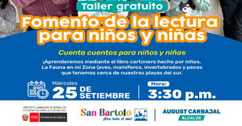  Taller presencial gratis  Fomentó de la lectura para niños y niñas  de la Municipalidad Distrital de San Bartolo