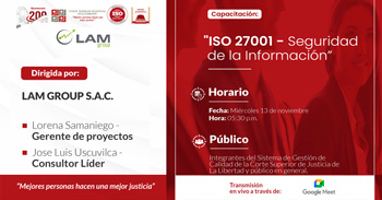  Capacitación online  "ISO 27001 - Seguridad de la Información" de la Corte Superior de Justicia de La Libertad