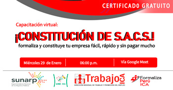  Capacitación online gratis "Constitución de S.A.C.S" de la DRTPE de Ica