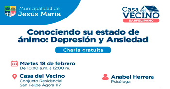  Charla presencial gratis "Conociendo su estado de ánimo: Depresión y ansiedad" 