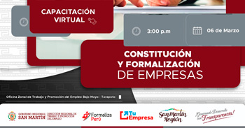  Capacitación online gratis "Constitución y Formalización de empresas"  de la DRTPE de San Martín