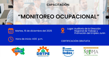 Capacitación presencial gratis "Monitoreo Ocupacional" de la DRTPE Junín