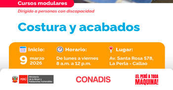 Curso presencial gratis "Costura y acabados" del MIMP Conadis