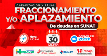 Capacitación online gratis "Fraccionamiento y/o aplazamiento de deudas en SUNAT" de la DRTPE Huánuco