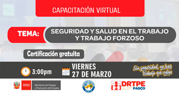 Capacitación online gratis "Seguridad y salud en el trabajo y trabajo forzoso" de la DRTPE Pasco