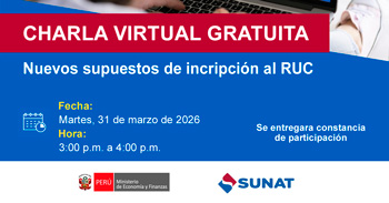 Charla online gratis "Nuevos supuestos de inscripción al RUC" de la SUNAT