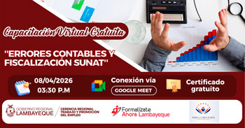 Capacitación online gratis "Errores contables y fiscalización SUNAT" de la GRTPE Lambayeque